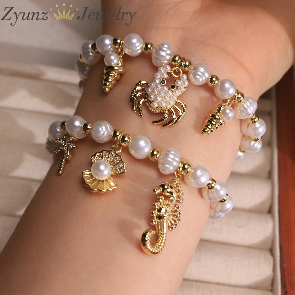 5 pezzi, braccialetti in corda con perline di perle placcate in oro con ciondoli a tema mare per stili da spiaggia e alla moda