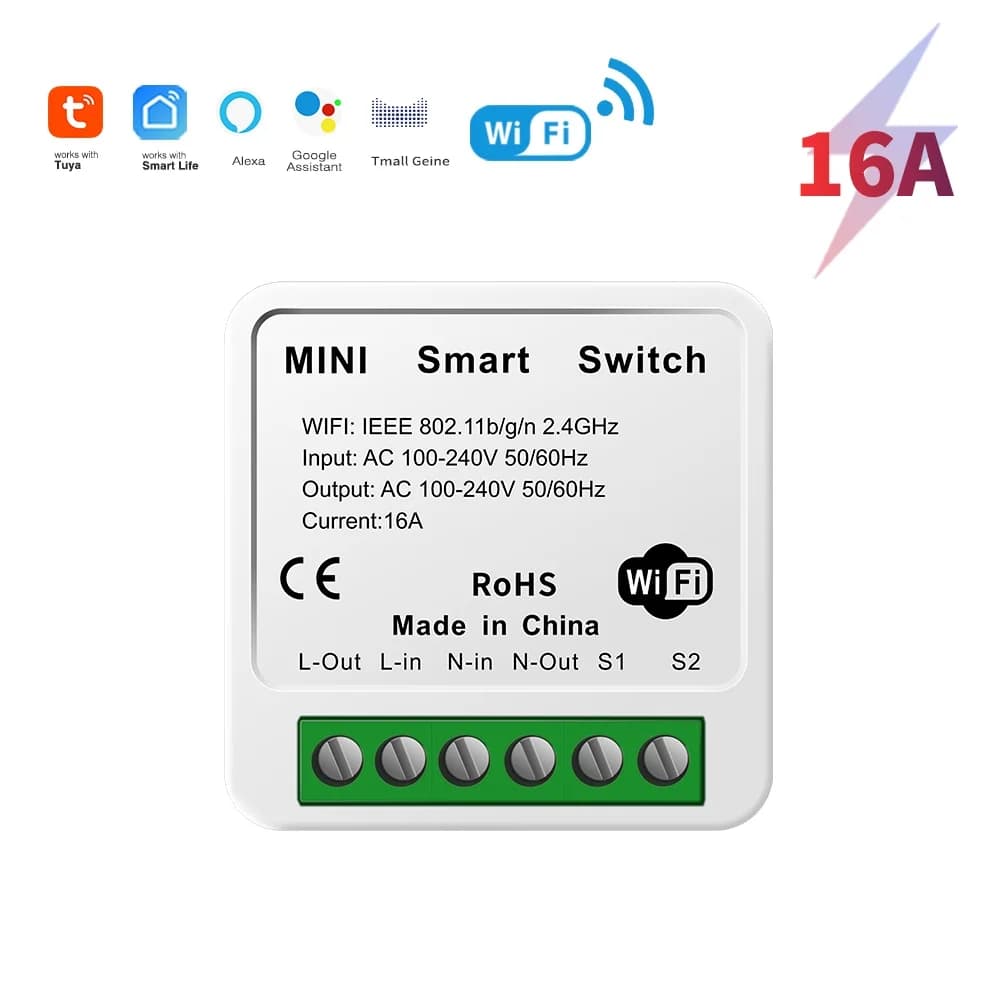 Interruttore Intelligente WiFi Tuya 16A, Mini Interruttore Fai-da-Te Compatibile con Alexa, Yandex Alice, Google Home, Controllo Vocale e App, Controllo a 2 Vie