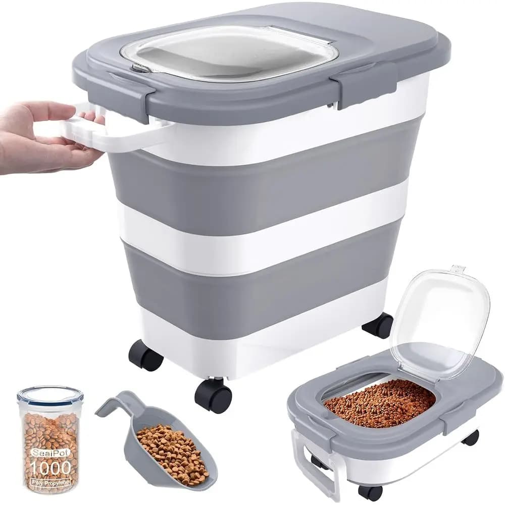 Airtight Dog Food Storage Container, Collapsible Large Pet Food Storage with Lid, Wheels, Handle, Scoop, Small Cat Food Containe