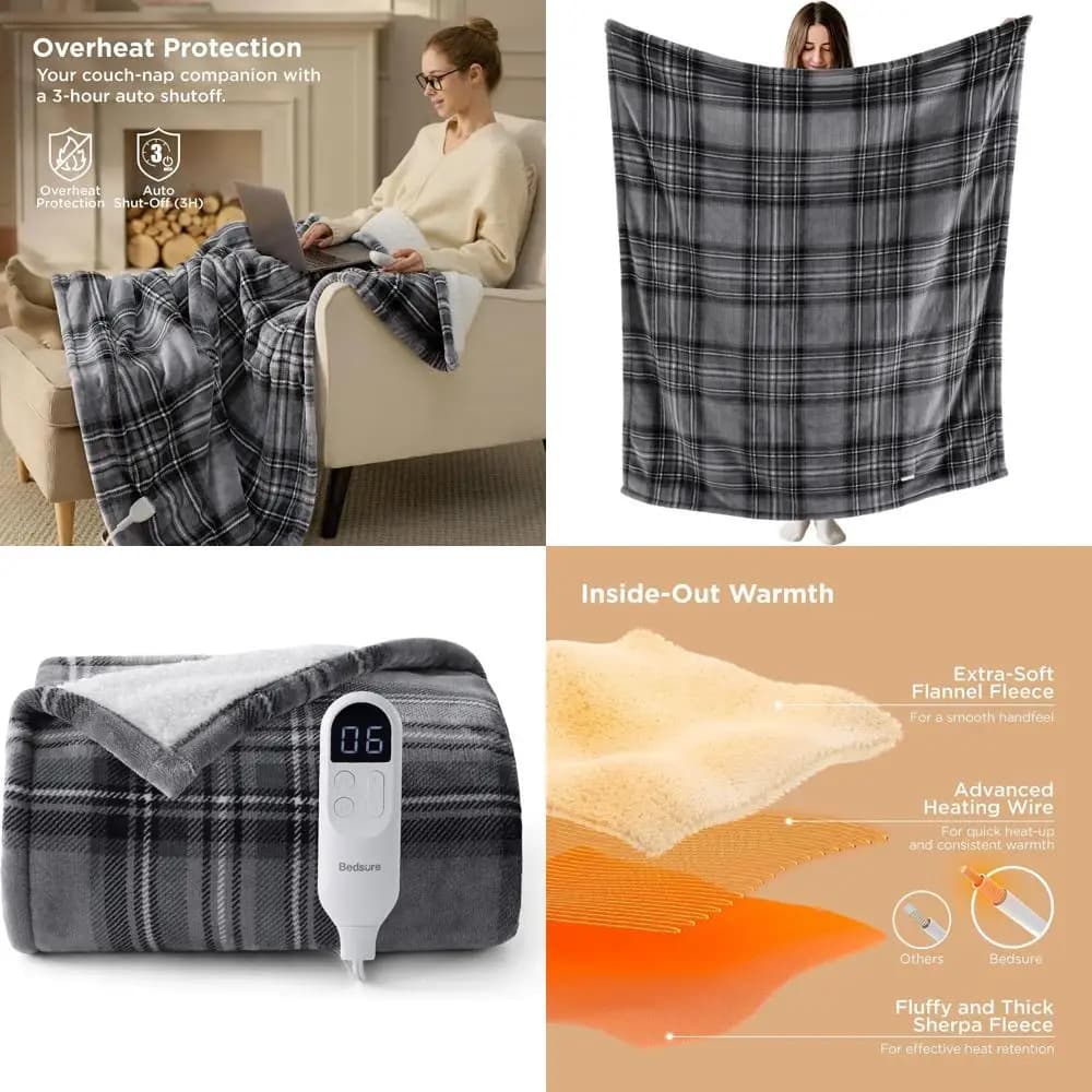Coperta elettrica Sherpa in flanella con plaid, 6 livelli di calore, 4 timer, spegnimento automatico di 3 ore, regalo caldo ideale per la nonna (grigio, 50x60)