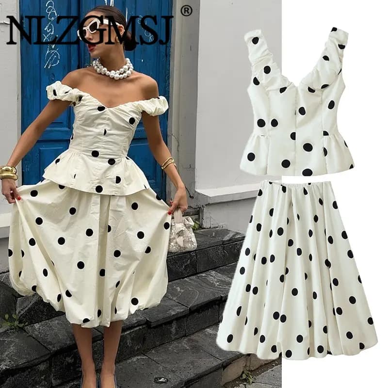 lzgmsj 2026 Summer Polka Dot 2 Piece Set Off Shoulder Peplum Top and Midi Skirt Elegant Women Party Outfit