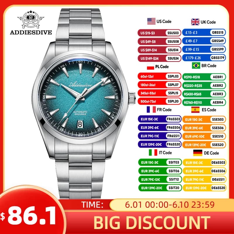 ADDIESDIVE New 39mm Men's watch with luxury glass bubble dome 8215 Automatic Luminous Stainless Steel 100m Watch Waterproof