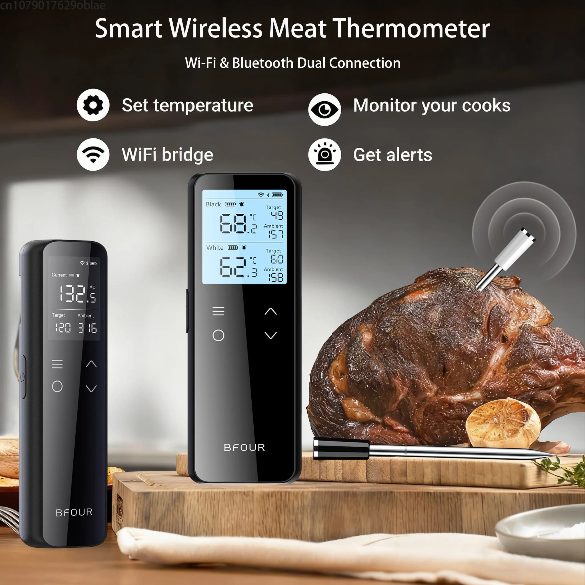 Termometro per carne wireless digitale con portata illimitata WiFi e supporto Bluetooth APP Promemoria allarme per barbecue, forno, friggitrice ad aria
