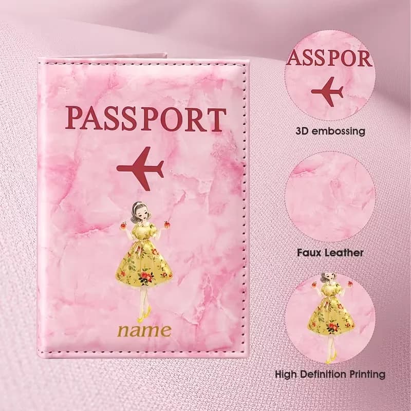 Personalized Custom Name Vintage Court Style Illustration Design PU Passport Holder, Featuring a Golden Gown Female Figure