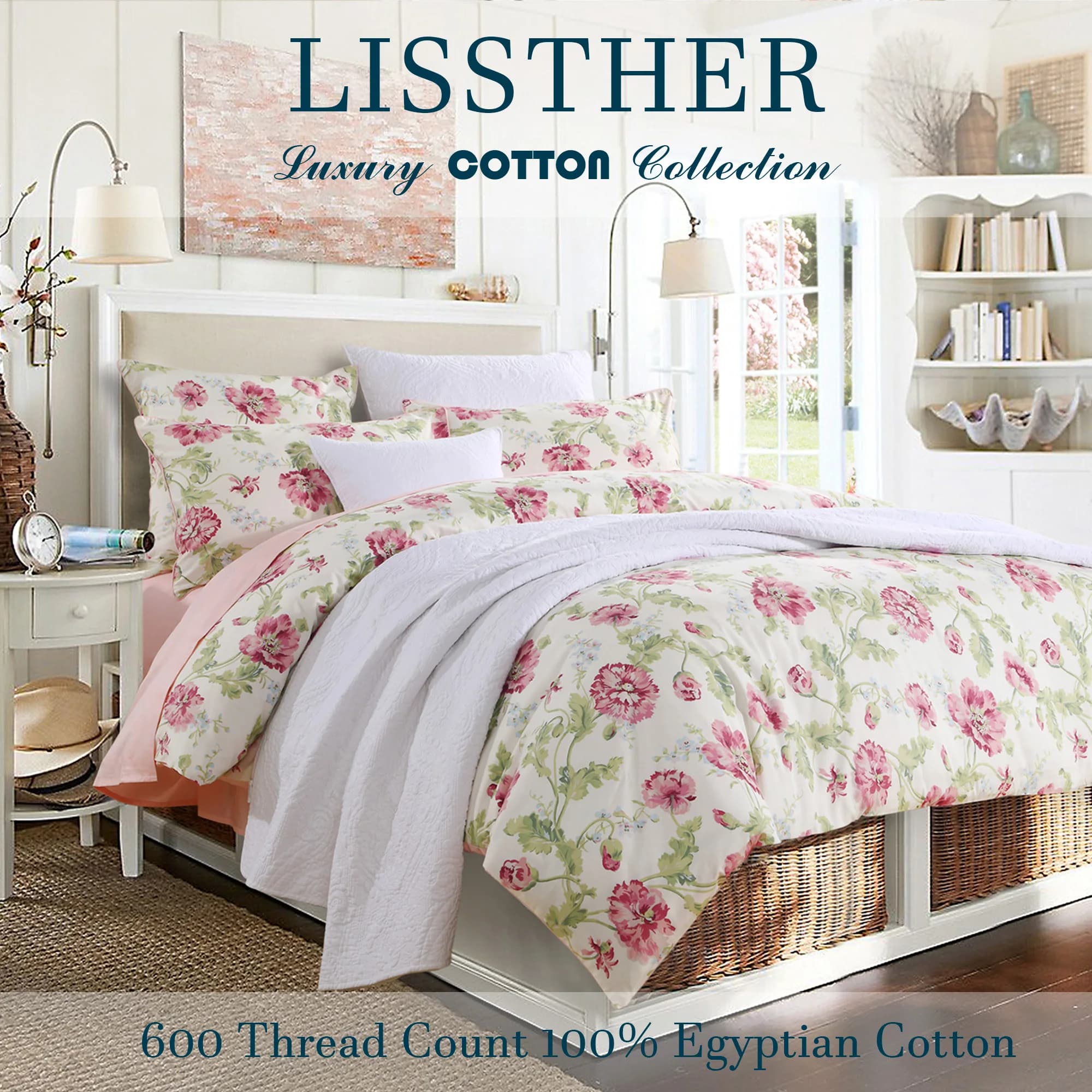 3 pezzi 600 TC 100% Set copripiumino in cotone egiziano (senza nucleo), rosa in fiore e verde Shabby Chic, morbido e delicato sulla pelle