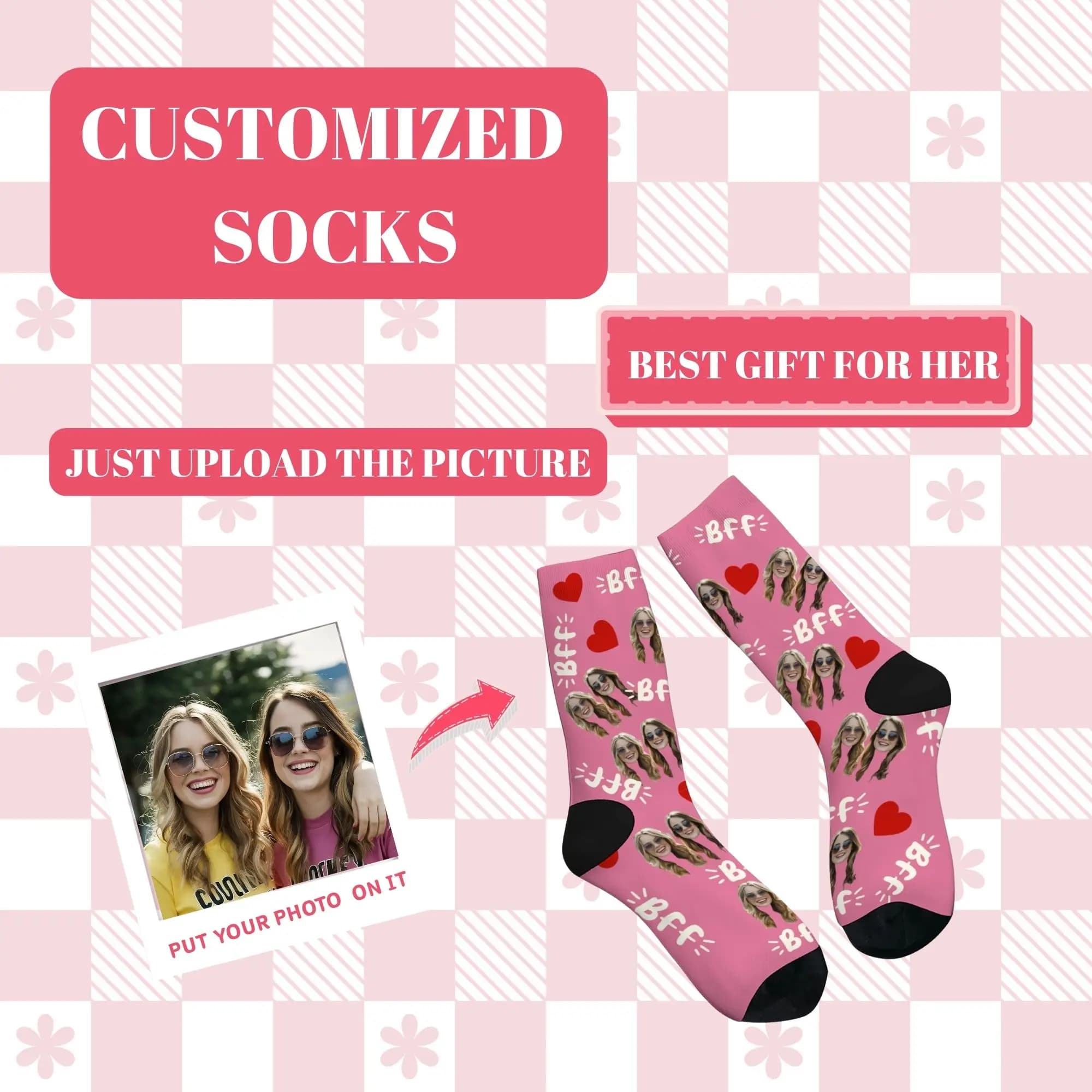 Bestie BFF Custom Socks Personalized Print with “BFF” Red Hearts Soft Comfortable Cute Warm Heart Healing Gift for Friends