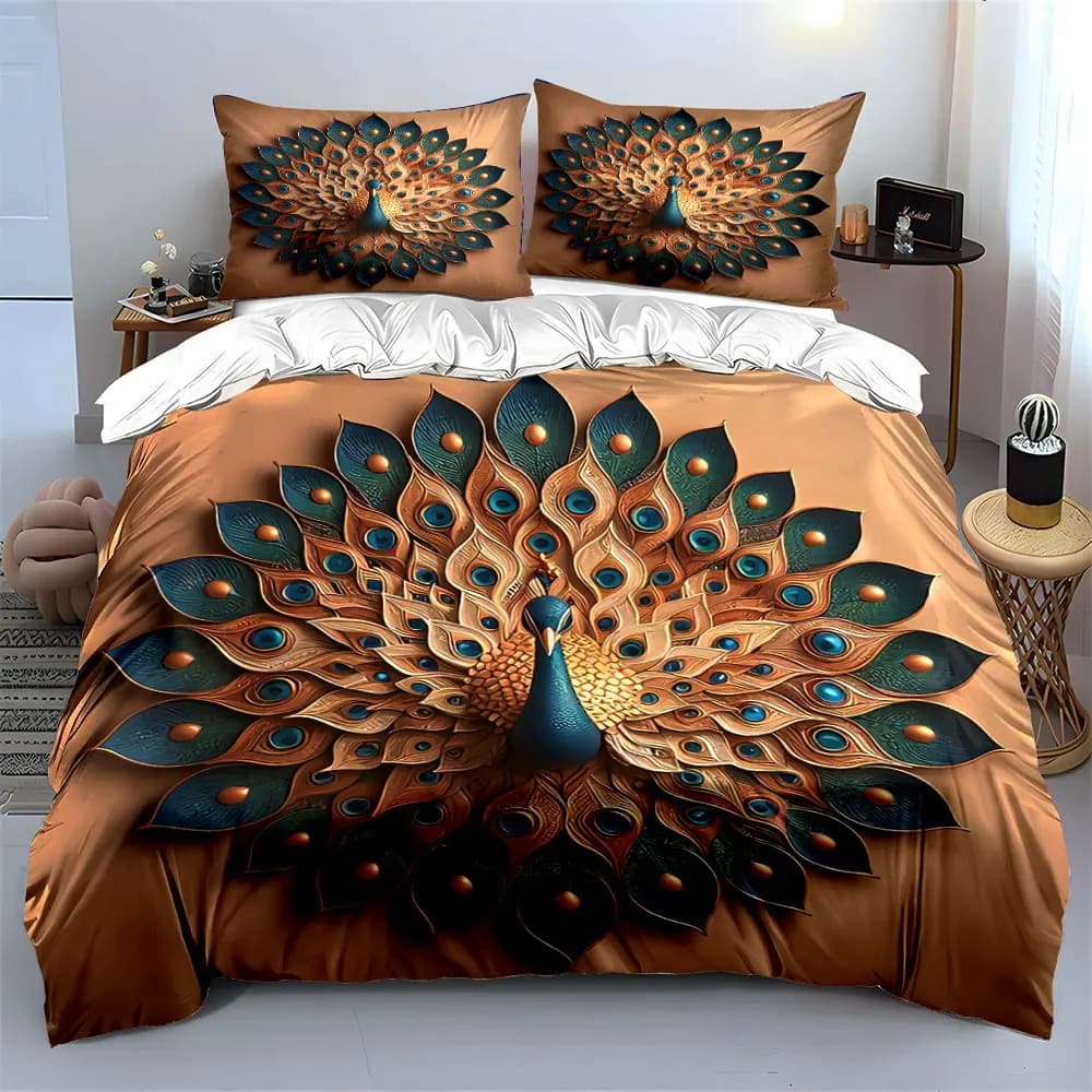 Set di biancheria da letto con copripiumino decorativo con motivo a pavone, morbido e confortevole, include 1 copripiumino e 2 federe, idea regalo