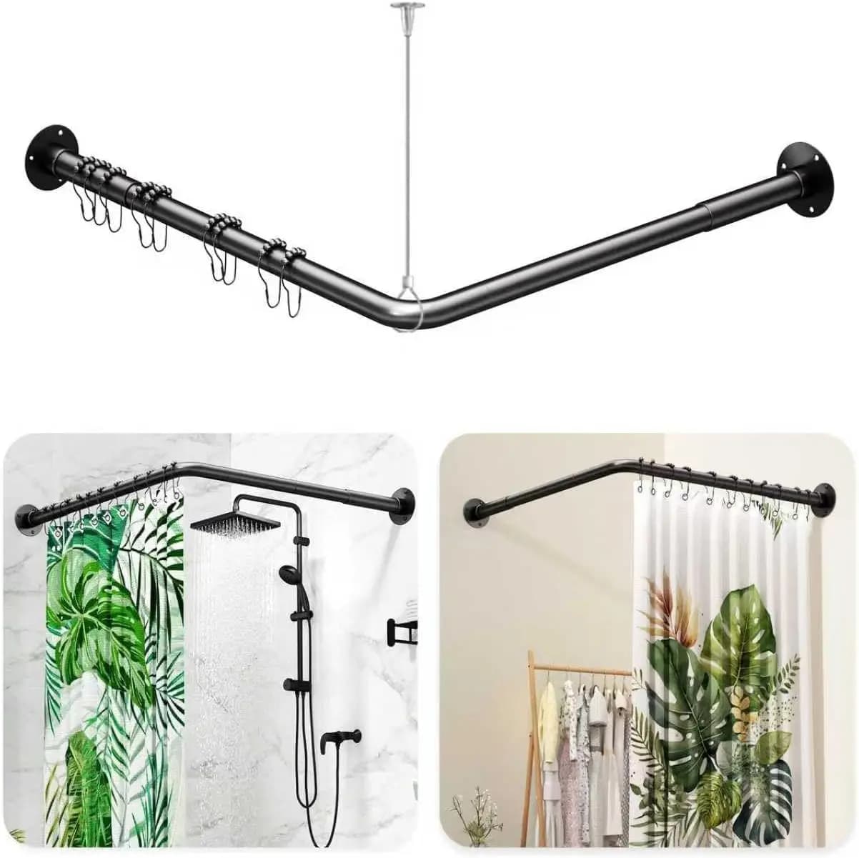 Asta per Tenda Doccia a L - Asta Angolare Regolabile per Tenda Doccia 90 Gradi Nera per Bagno, da [23''-53''] x [23''-53'']
