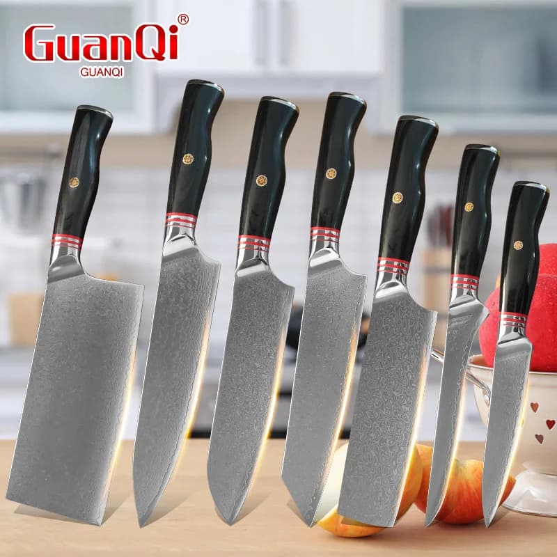 Set di 7 Coltelli Professionali in Acciaio Damascato, Ultra Affilati, per Cucina, Affettare, Tagliare, Multiuso e per Frutta, per Casa e Cucina