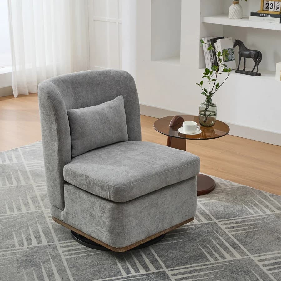25.2 "Wide Modern Chenille Cushioned Armless Metal Base 360° Swivel Chair with Pillow, Suitable for Living Room, Family Room, B