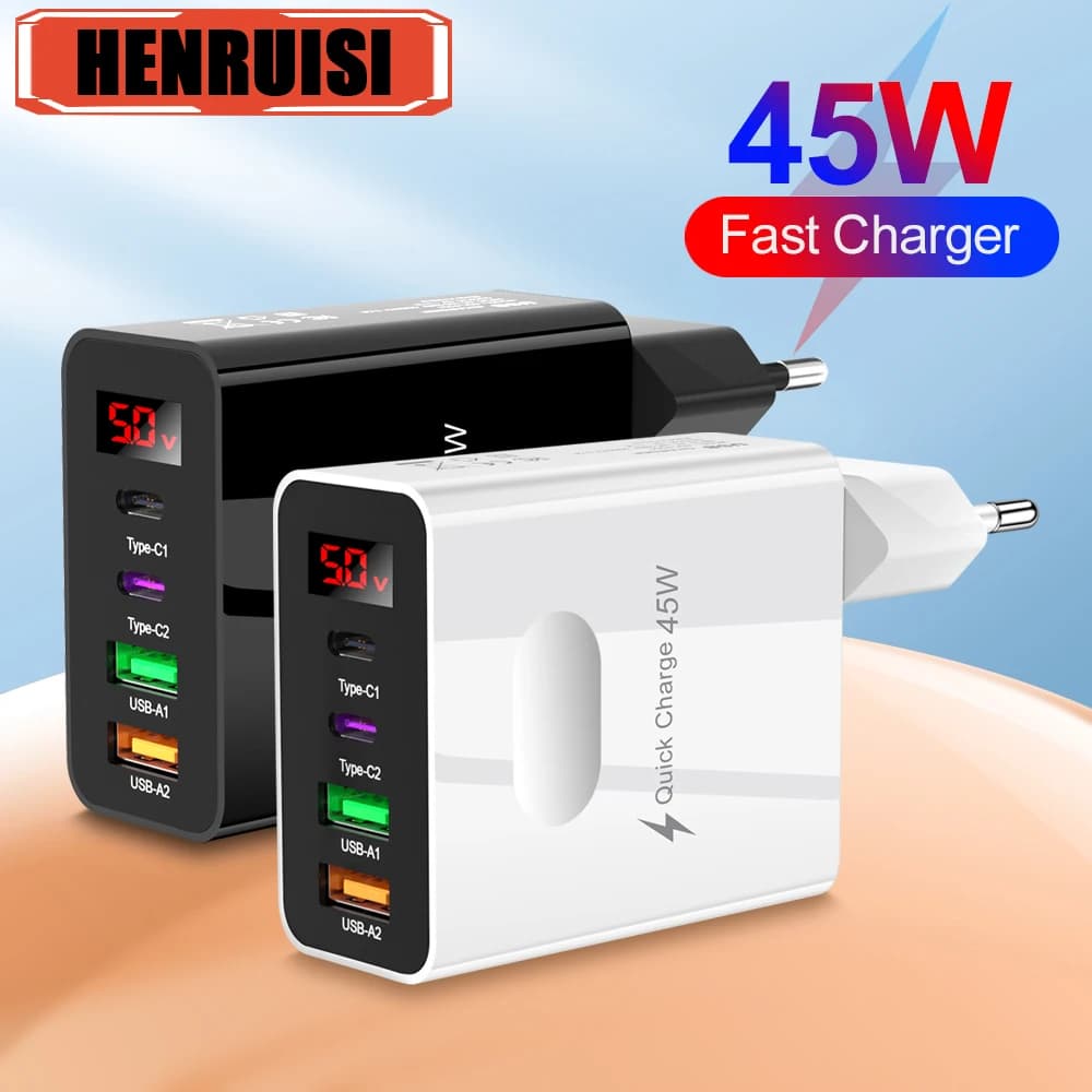 Caricabatterie USB PD da 45W adattatore di alimentazione per telefono cellulare con Display digitale a ricarica rapida a 4 porte per iPhone Xiaomi Samsung Huawei Wall Charge