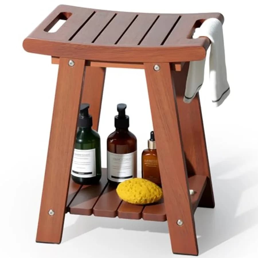 Teak Shower Stool with Shelf and Towel Bar, Teak Wood Shower Bench for Shaving Legs, 14" Waterproof Bath Seat for Small Bathroo