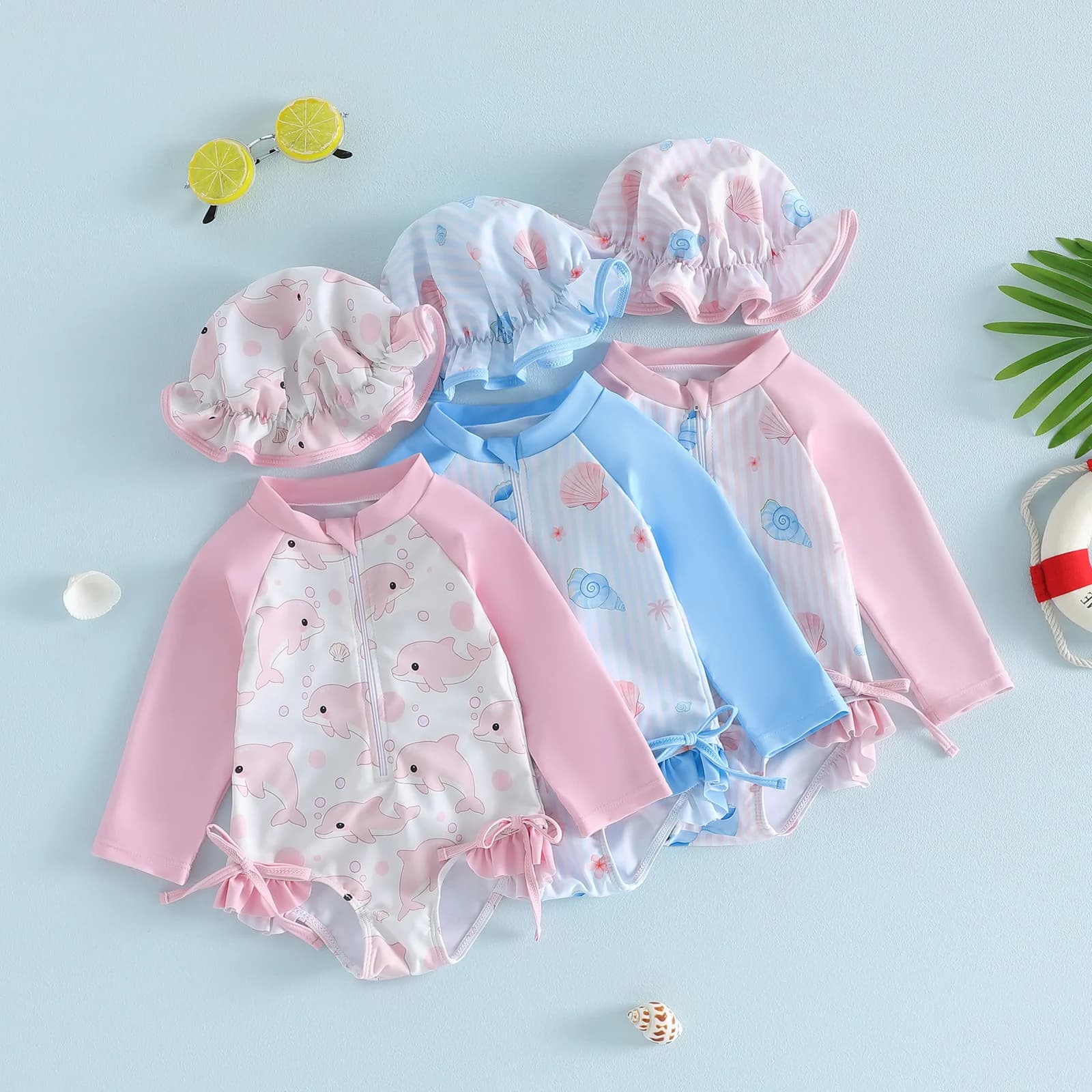 FOCUSNORM 0-3Y Adorabile costume da bagno per bambina, set con conchiglia e fiore, manica lunga, protezione solare, con cappello da sole