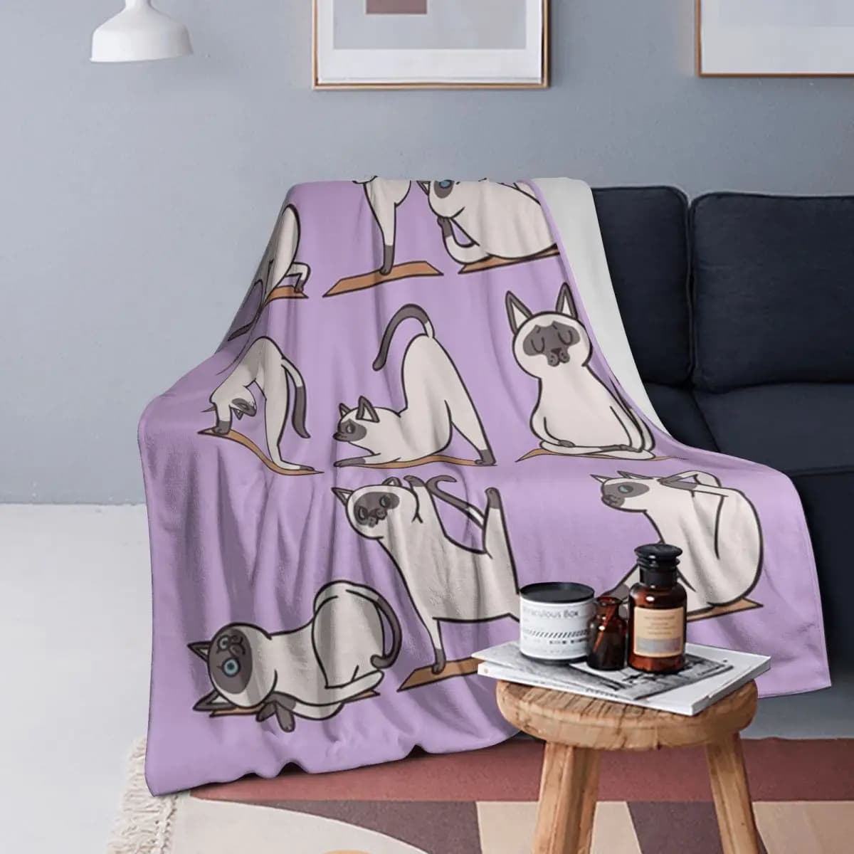Siamese Cat Yoga Blanket Soft Warm Flannel Throw Blanket Plush for Bed Living room Picnic Travel Home Couch