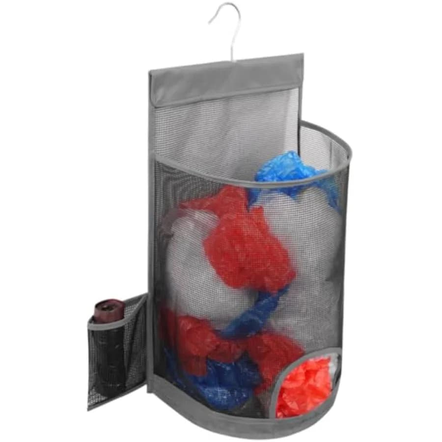 Hanging Mesh Grocery Bag Holder, Plastic Garbage Bag Dispenser Organizer with Hanger for Kitchen Cabinet Bathroom Laundry, Inst