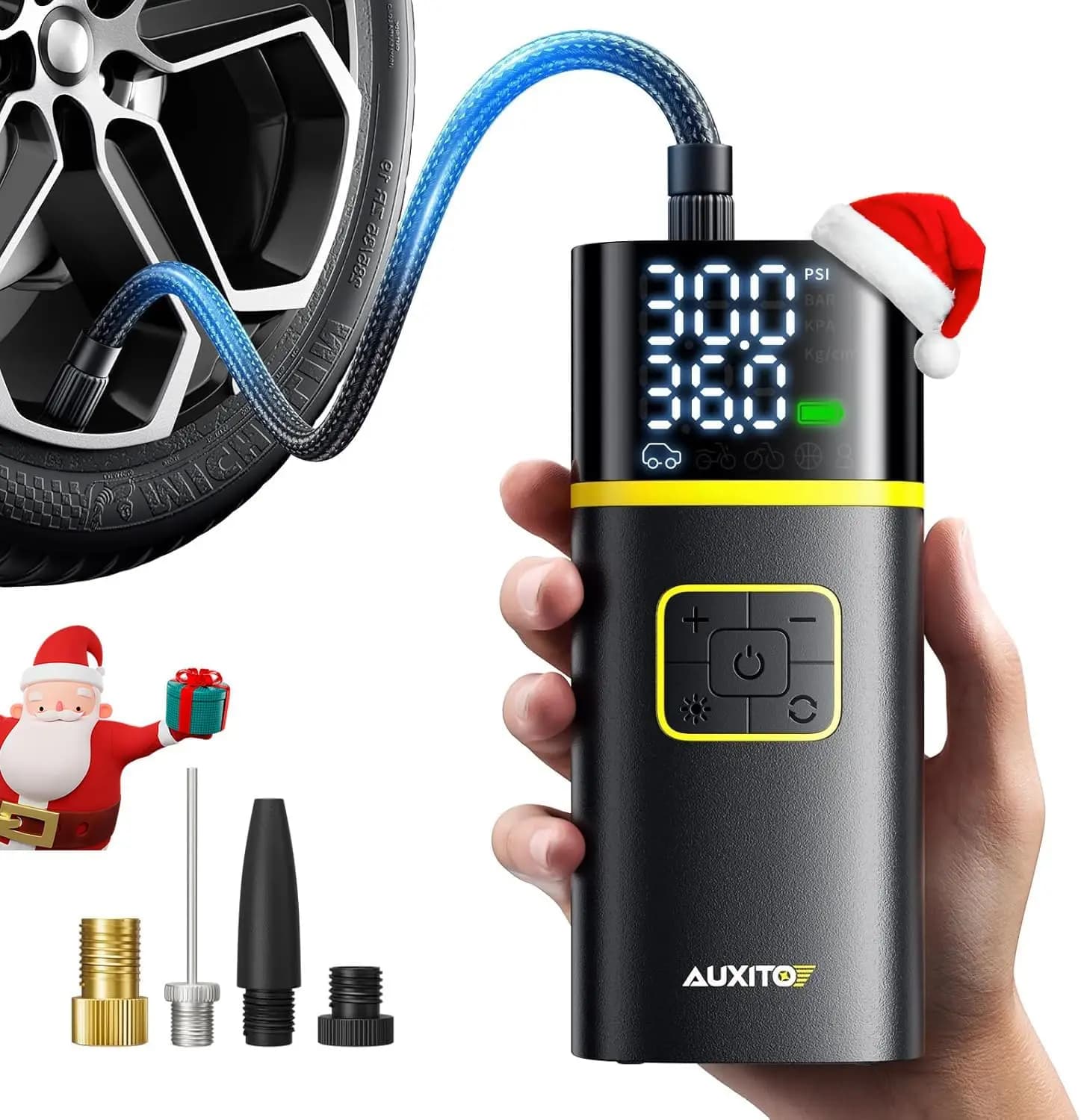 Compressore d'aria portatile per gonfiaggio pneumatici - Pompa per bici da 150 PSI Gonfiaggio rapido da 1 min con manometro per pneumatici, luce a LED e accessori per auto