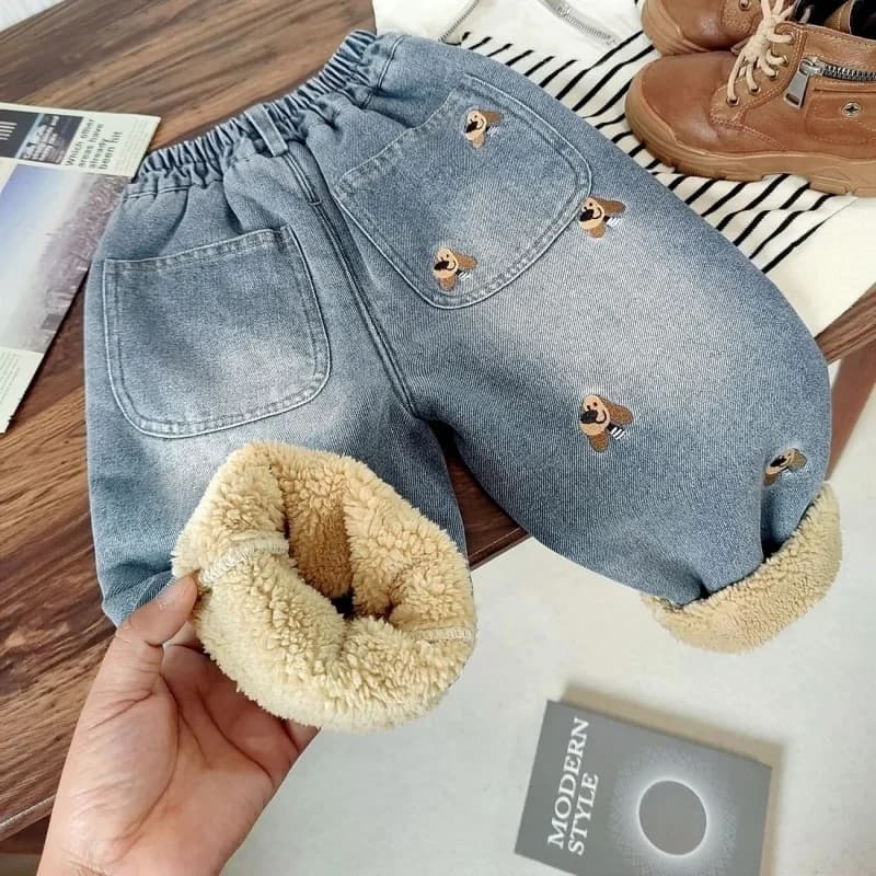New Winter Add LambWool Thickened Warm Denim Pants Kids Boys Trousers Girls Cartoon Jean Sports Casual Pants Children's Clothes