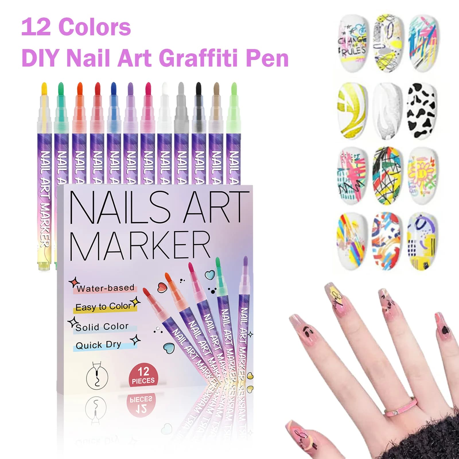 12 Colors Nail Art Pens Set 3D Nail Doodle Pen Acrylic Paint Pens for Nail Art Drawing Painting Nail Point Dotting Liner Pen