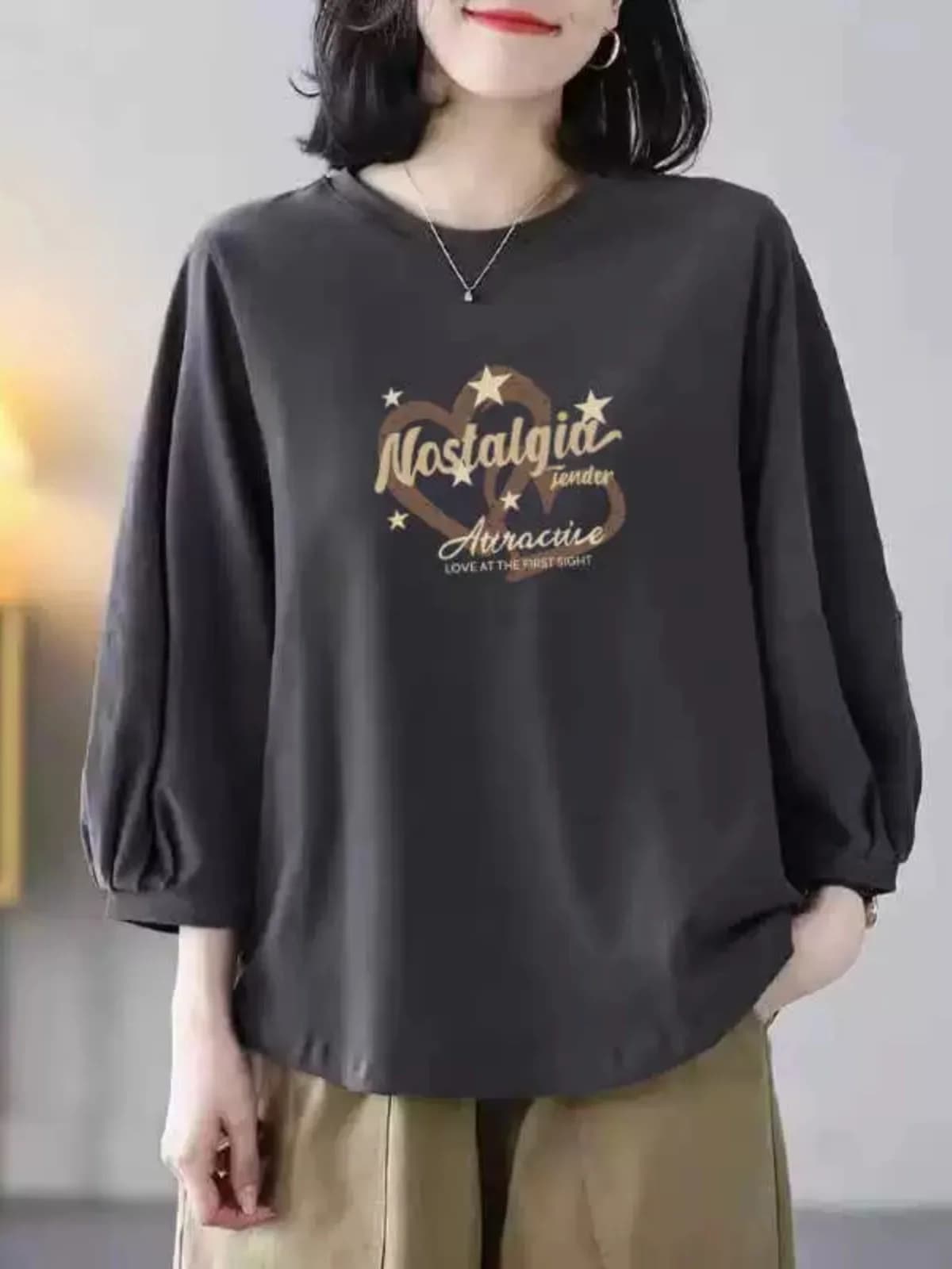 Loose Fit Pure Cotton Lantern Sleeve Women's T-Shirt Casual Versatile Spring Summer Base Layer Shirt Korean Style round Neck