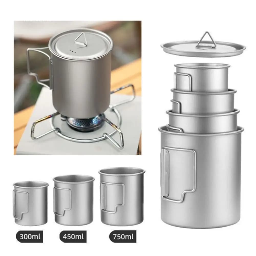 Tazza Portatile in Titanio per Esterni con Manico Pieghevole 300ML/450ML/750ML, Tazza da Birra Resistente alla Ruggine, per Campeggio e Picnic