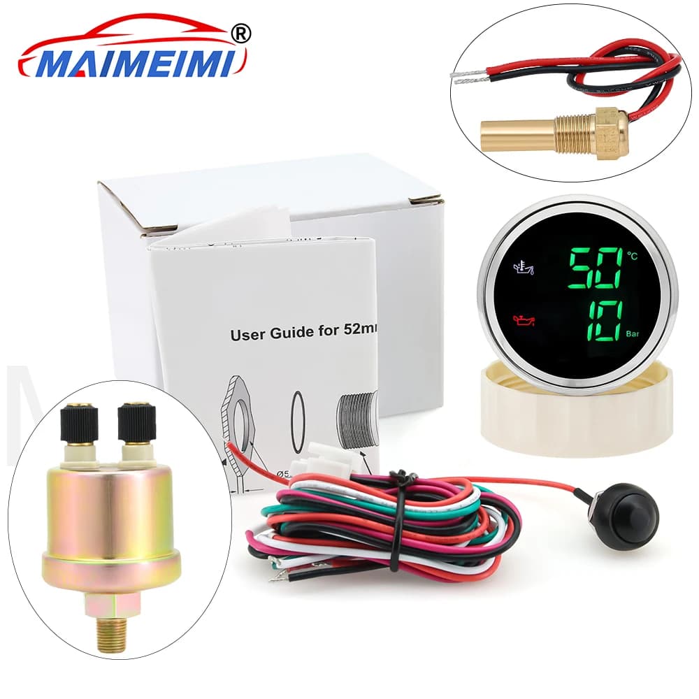 Manometro digitale per temperatura dell'olio + pressione dell'olio 2 in 1 con sensore da 0 ~ 10 bar Retroilluminazione rossa/verde Manometro per auto da 52 mm per auto da barca
