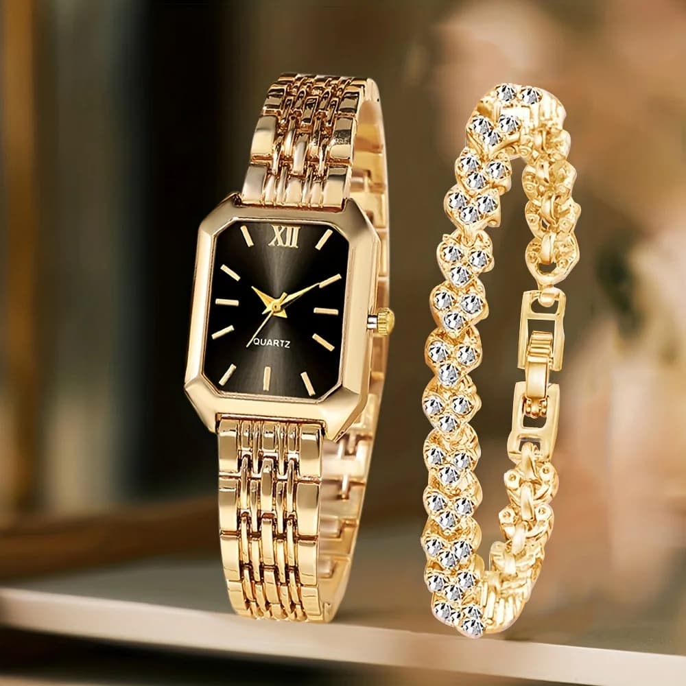 Set di 2 Orologi da Donna alla Moda con Quadrante Rettangolare, Bracciale con Strass, Quadrante Romano, Orologi da Polso per Ragazze, Reloj Mujer