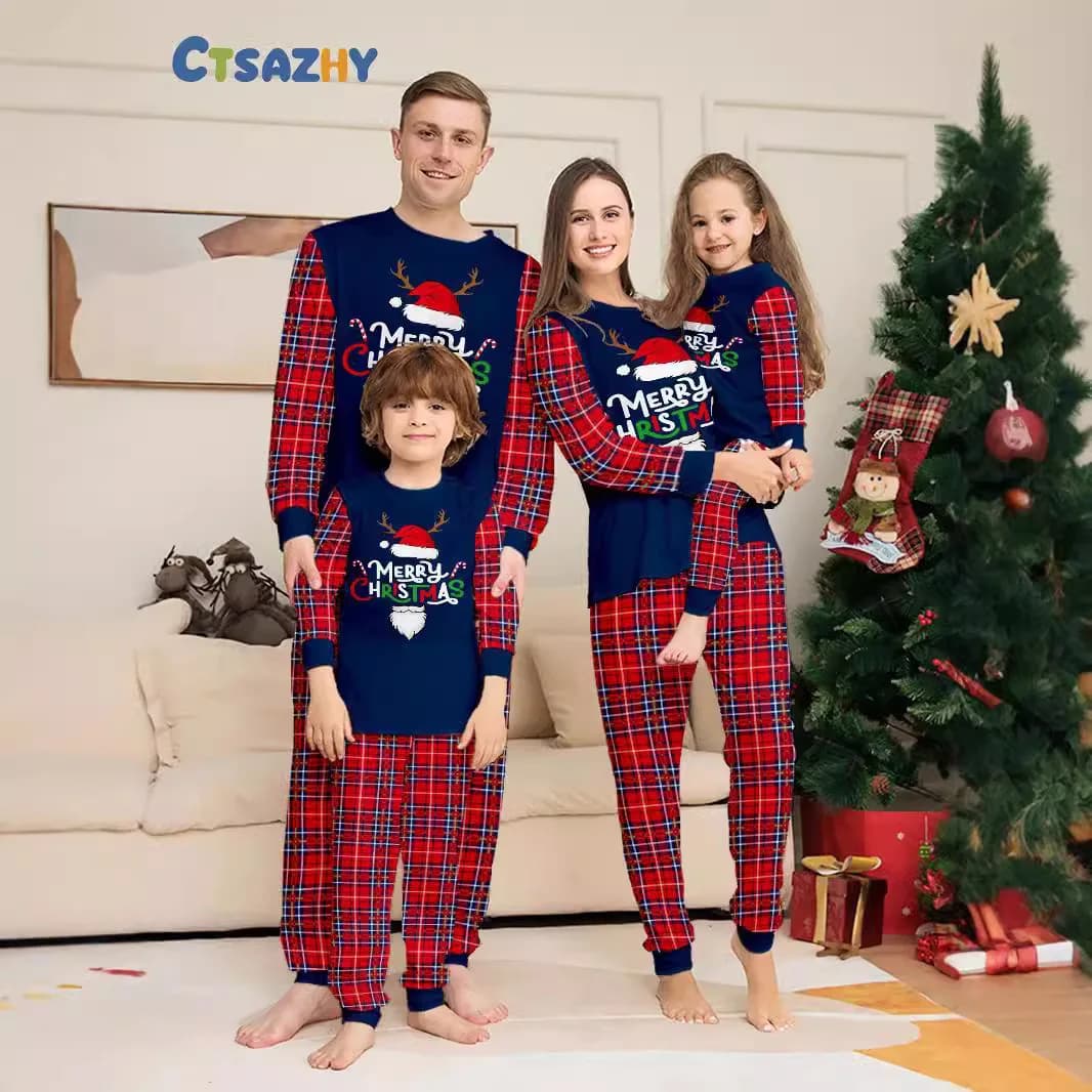 NUOVO ANNO E NATALE Set pigiama per la famiglia genitore-figlio - Abbigliamento per la casa in 2 pezzi, set pigiama per la famiglia abbinato in puro cotone