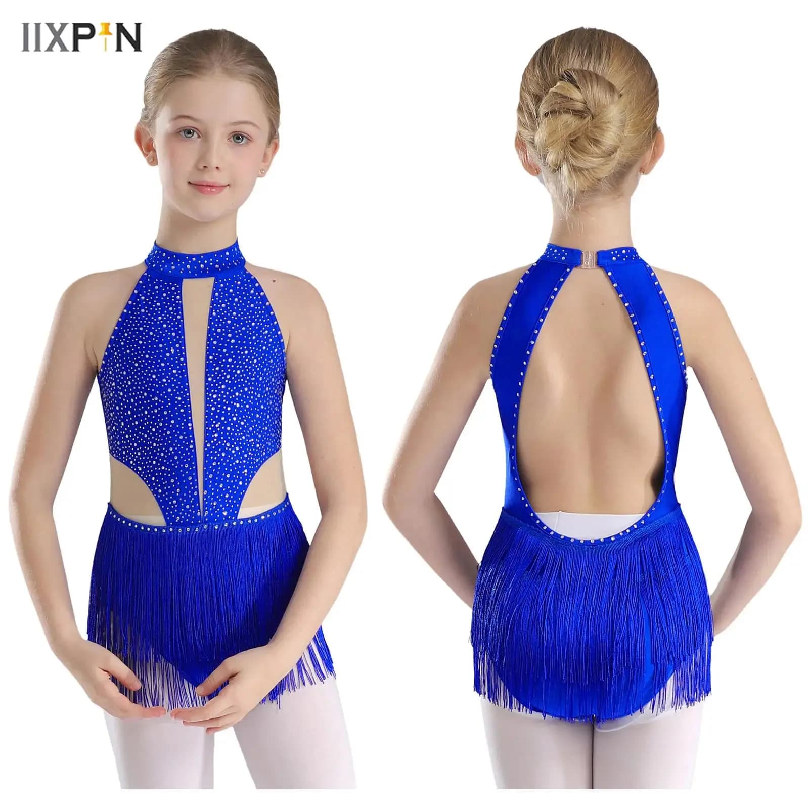 Costume da ballo latino per bambina con frange, senza maniche, con strass lucidi, in rete, con giunture, per ginnastica, pattinaggio su ghiaccio
