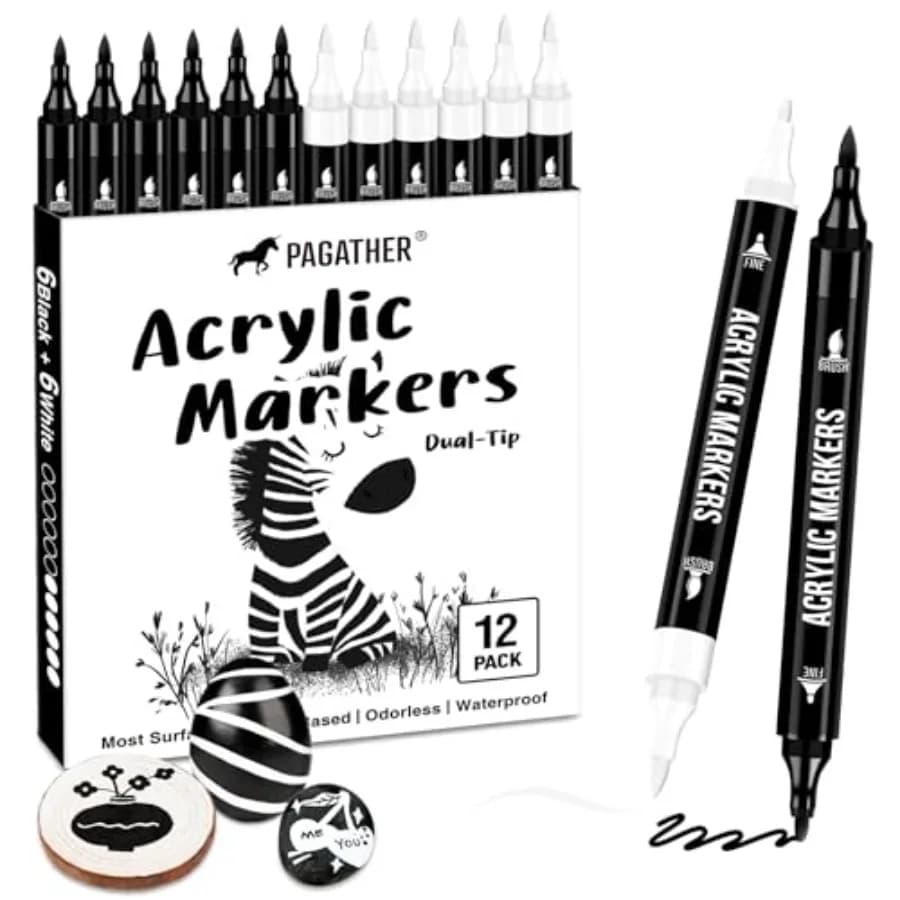 Black and White Acrylic Paint Markers, 12 Pack Dual Tip with Fine Tip and Brush Tip Pens for Stone, Wood, Calligraphy, Canvas,