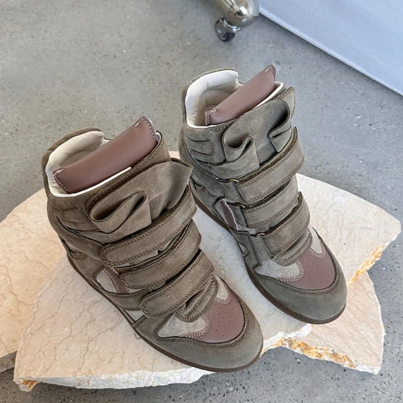 Fashionable Wedge Sneakers Genuine Leather Women's Thick Sole Naked Boots 8cm Internal Increase Velcro Dad shoes Casual Sneaker