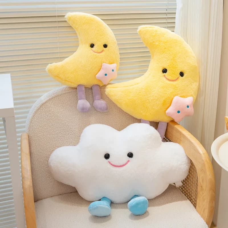 Peluche Kawaii con Faccina Sorridente, Luna Gialla e Nuvole Bianche, Giocattolo in Peluche a Forma di Meteo Cartoonesco per Decorazione Camera dei Bambini, Cuscino Decorativo