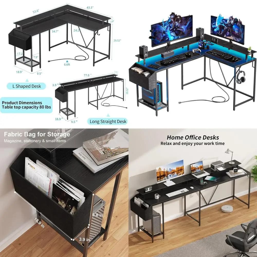 Scrivania da Gaming a L da 53 Pollici con Prese di Corrente, Luci LED, Ripiani Portaoggetti e Ganci - Ideale per Ufficio Domestico o Camera da Letto in Nero