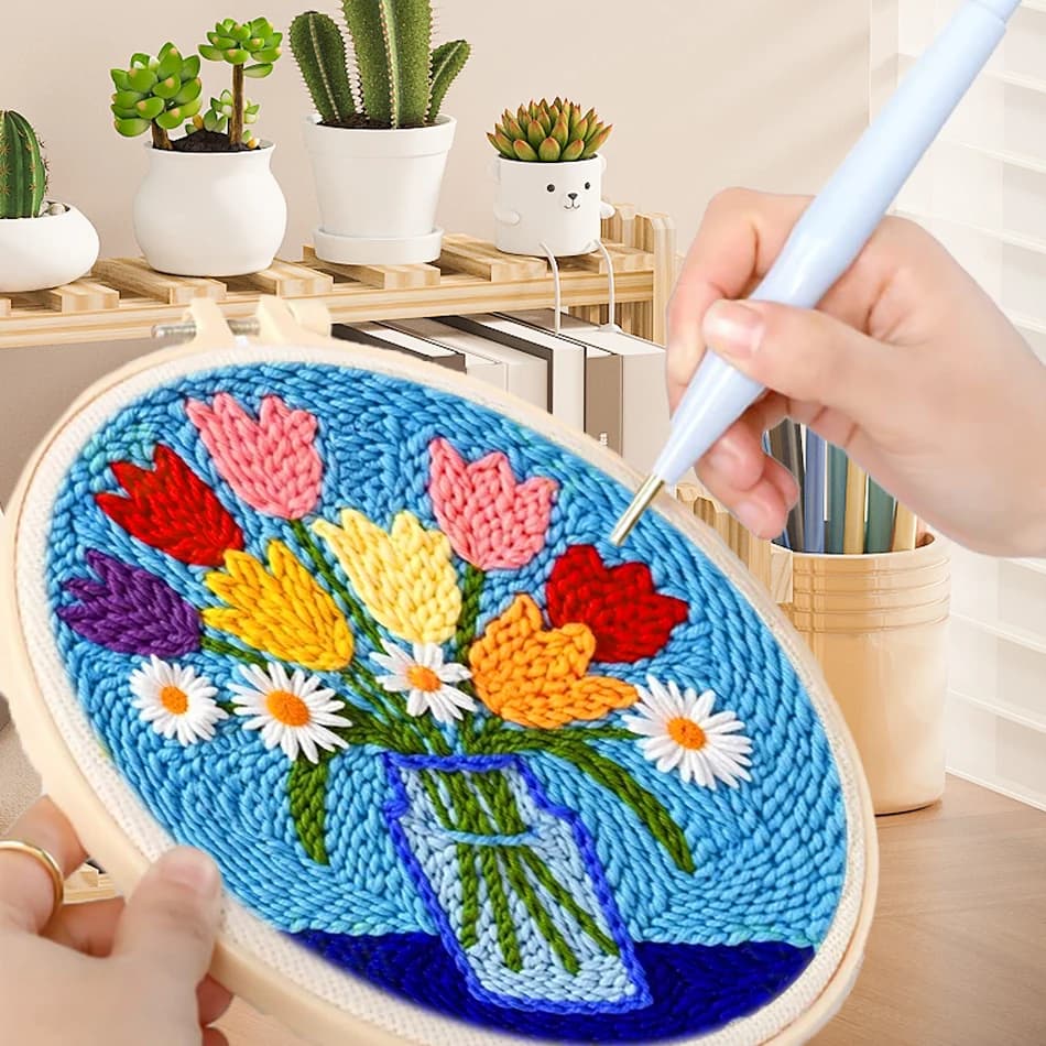 GATYZTORY diy punch needle embroidery kit flowers needle arts & craft 20x20cm with frame Cross stitch kits set wall decoration