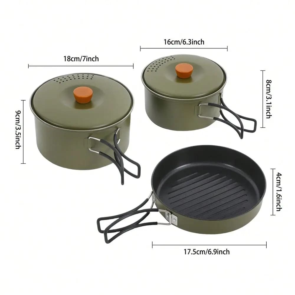 RibasuBB Portable 3-Piece 304 Stainless Steel Camping Cookware Set With Nonstick Frying Pan, Nesting Pots, Silicone Handle & Ca
