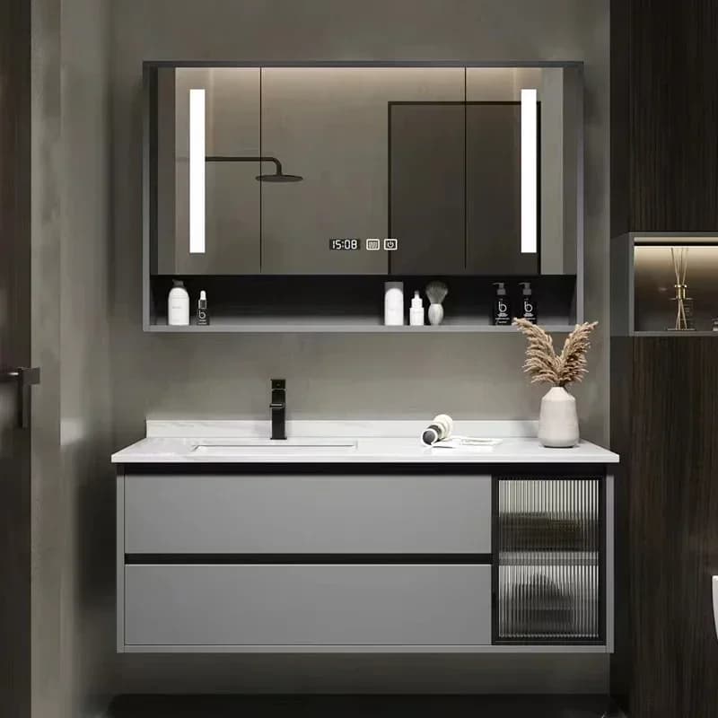 Combinazione di mobili da bagno con tacca superiore Illuminazione intelligente Armadietto a specchio Lnclude Rubinetto in ardesia Vanity moderno e minimalista era