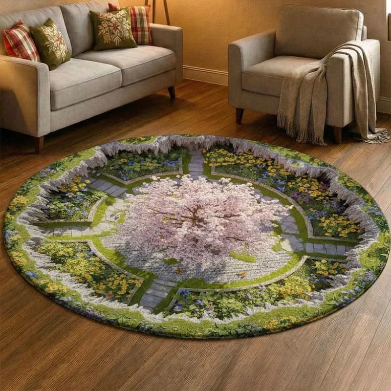 2D Visual Illusion Round Carpet Spring Garden Floor Mat Sakura Tree Design Fake Hole Effect Area Rug for Living Room Bedroom