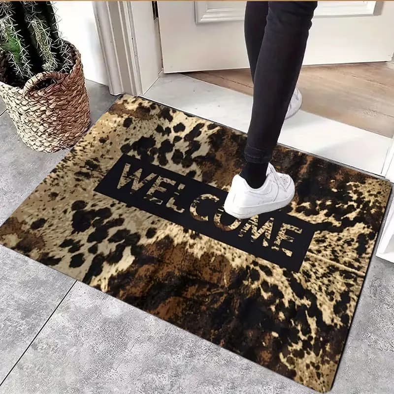 VIKAMA Tappetino con stampa leopardata in flanella, tappetino di benvenuto antiscivolo, morbido e assorbente, per interni, ingresso, porta d'ingresso, soggiorno, decorazione per la casa