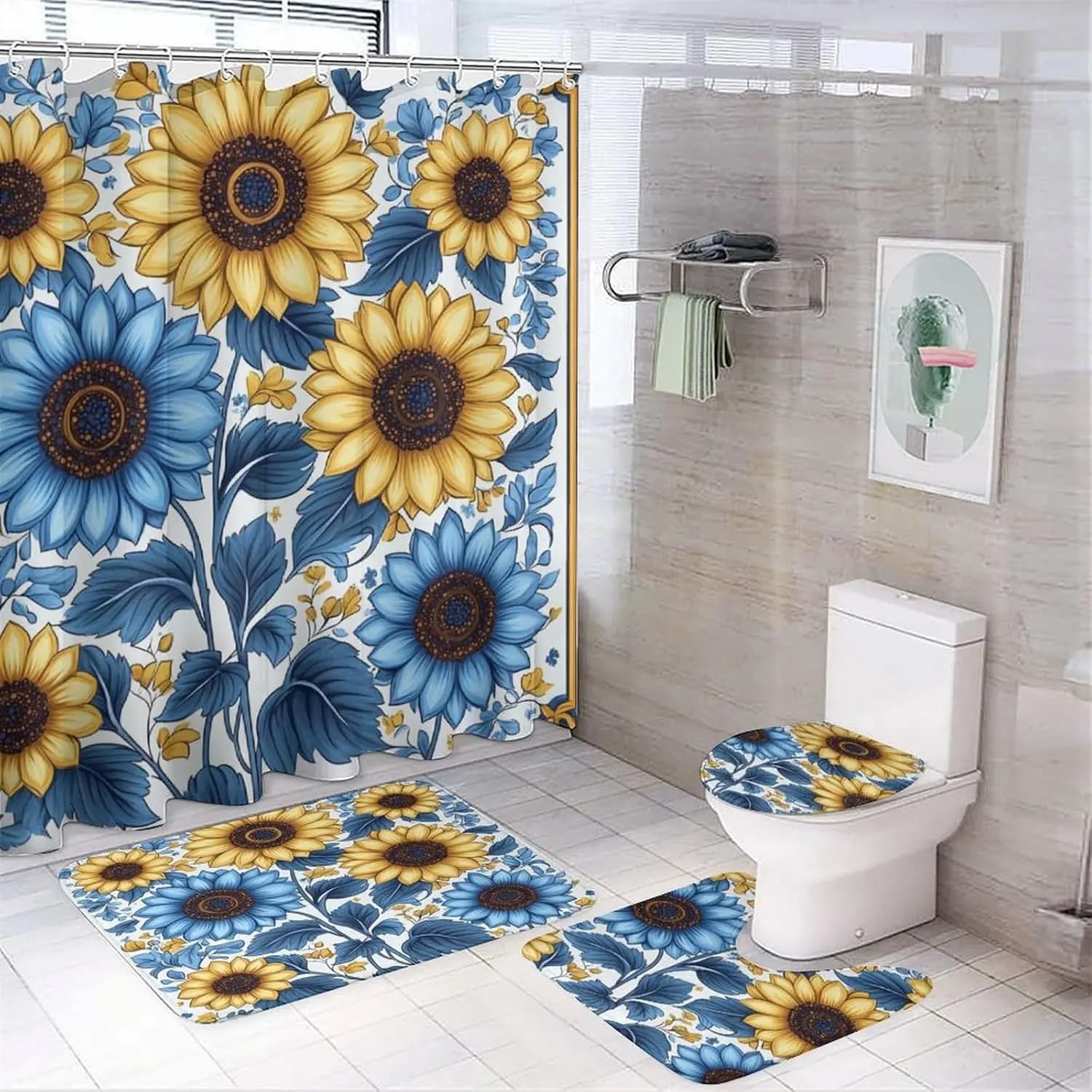 Bathroom Curtain and Rug Set, Sunflower Pattern Printed on Shower Curtain and Bath Mat Set, Designed for Farmhouse Contemporary