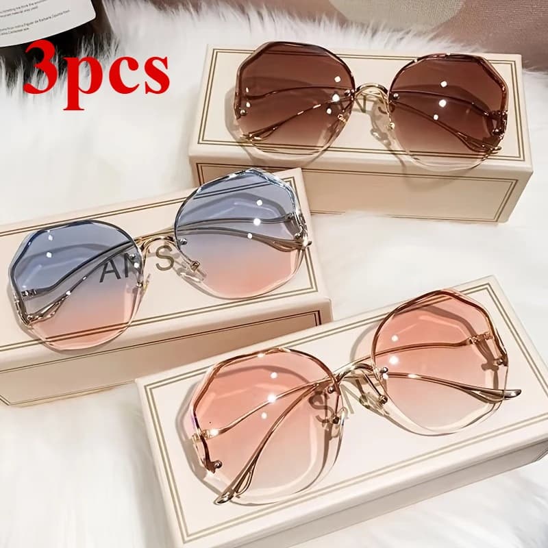 Occhiali da Sole da Donna Senza Montatura con Taglio Ondulato Irregolare, Montatura in Metallo Dorato di Lusso, Lenti Sfumate UV400, Confezione Mista da 2 o 3 Pezzi, Occhiali da Sole alla Moda per la Spiaggia