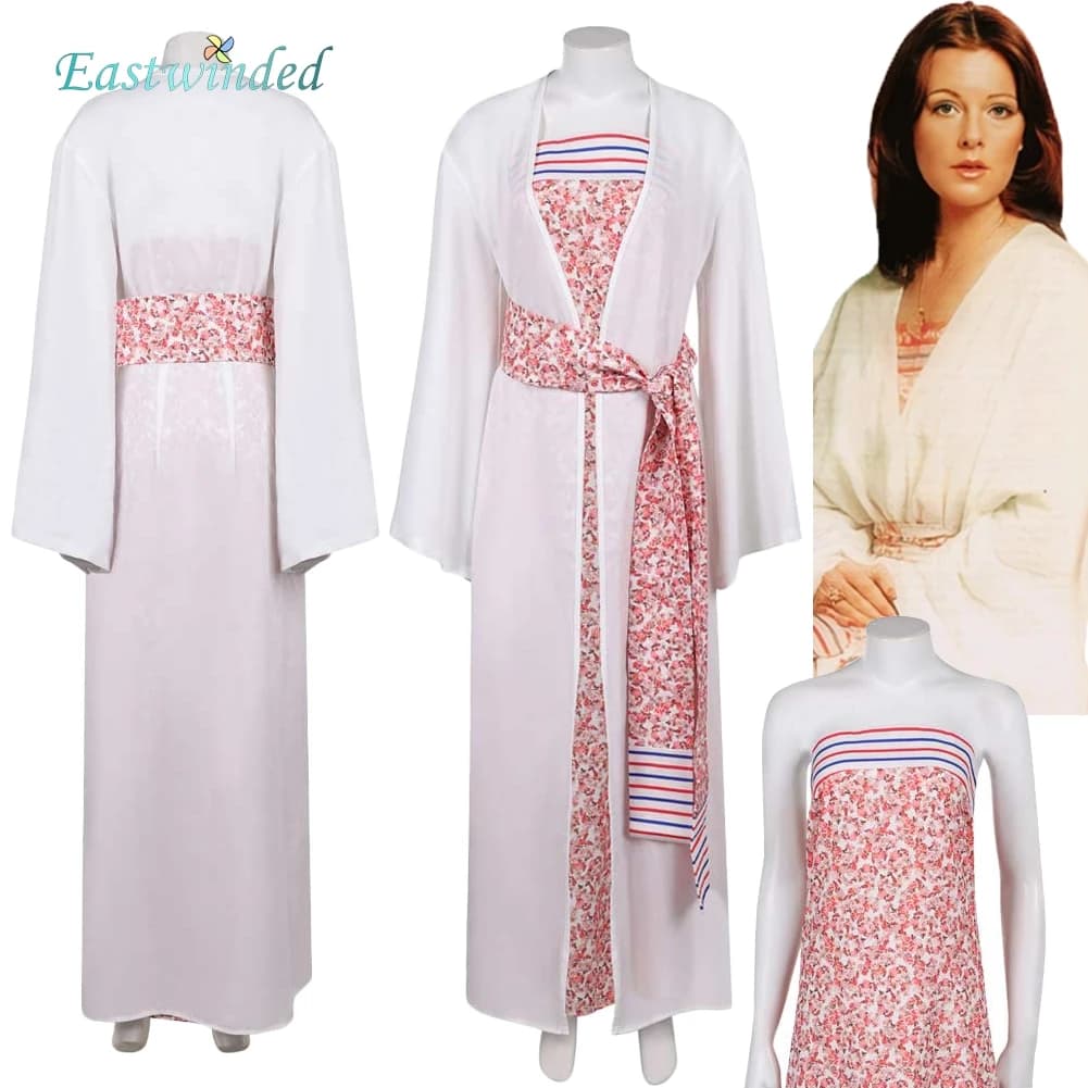 Band ABBA Anni-Frid Cosplay Abito stampato Cintura Abiti Cappotto di garza bianca Costume da gioco di ruolo per donna Abiti da festa di carnevale di Ognissanti
