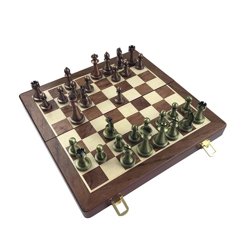 Set di scacchi di fascia alta da 30 cm / 11,8 pollici Bronzo antico Pieghevole Scatola di legno massello Pezzi degli scacchi ponderati in lega Regalo di festa di Natale