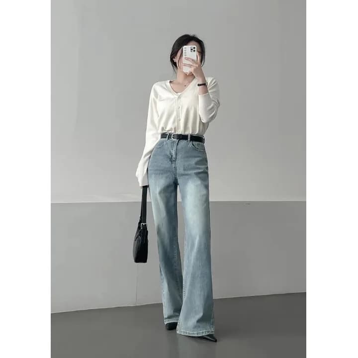 Jeans a gamba larga a vita alta stile nuovo Estate 2026, pantaloni a taglio dritto blu chiaro effetto snellente, jeans a vita alta alla moda da donna