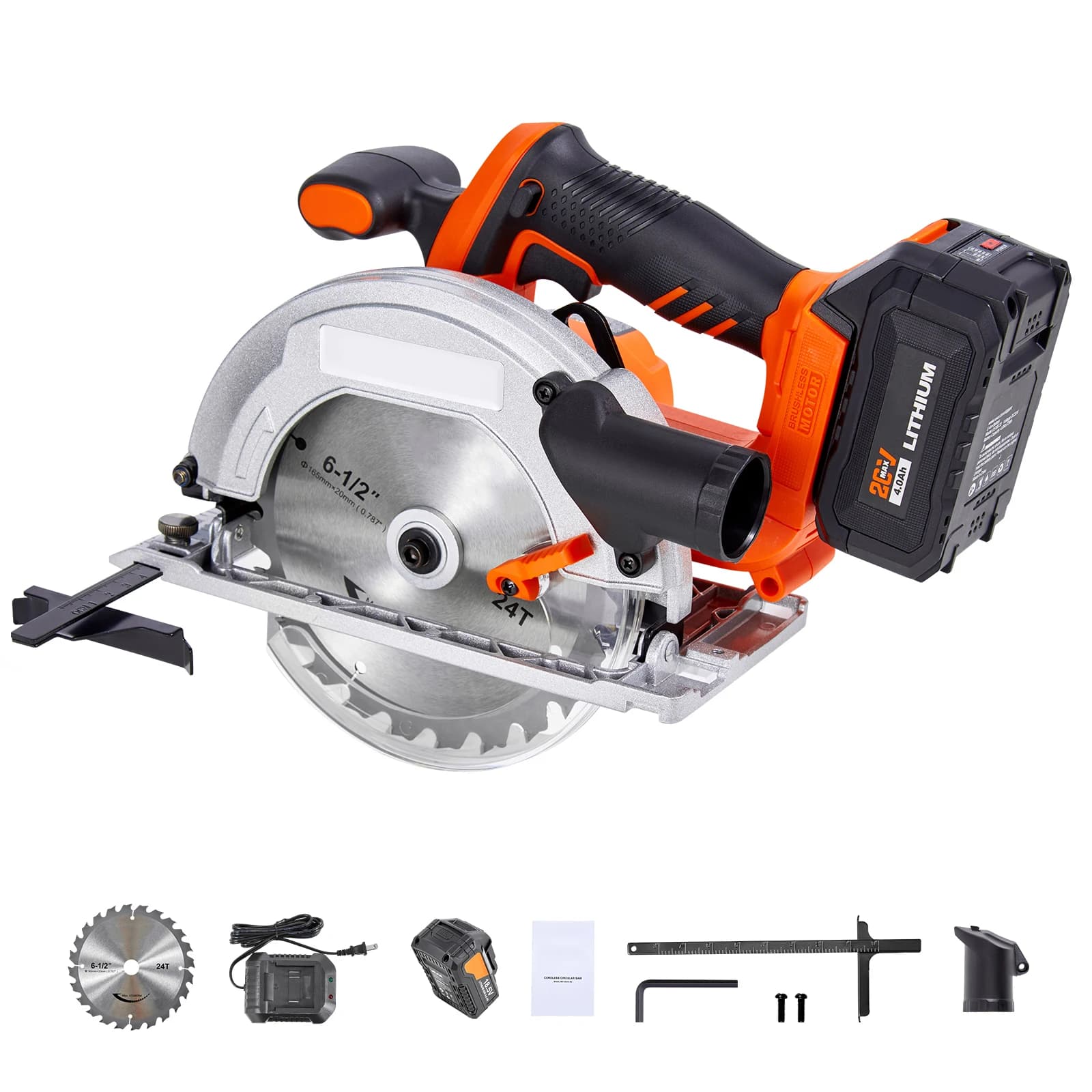 SucceBuy Cordless Circular Saw 4700 RPM 6-1/2 inch Blade 0-45 Degree Bevel Brushless Motor with LED Light Battery and Charger