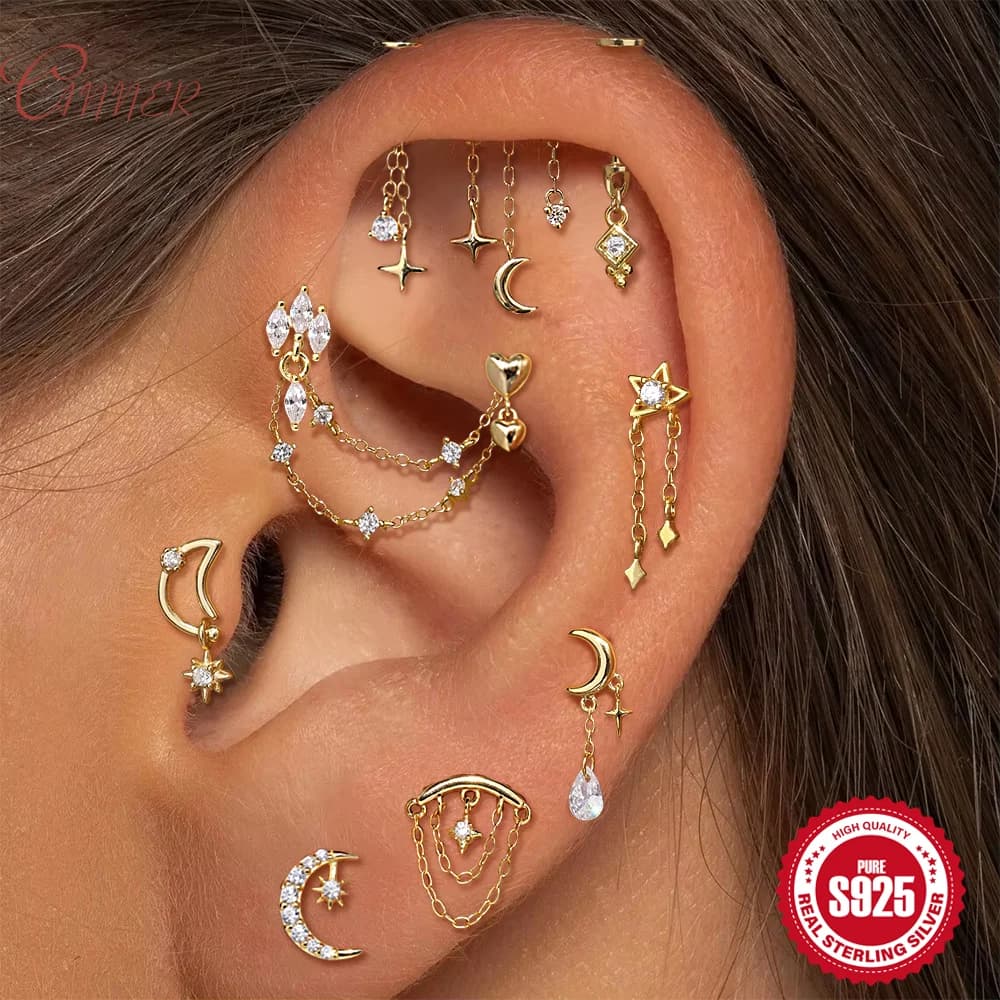 Orecchini a catena in argento 925 CANNER 1PC con zirconi geometrici a forma di occhio di cavallo per donna, catena lunga con stella e luna, accessorio per l'orecchio.