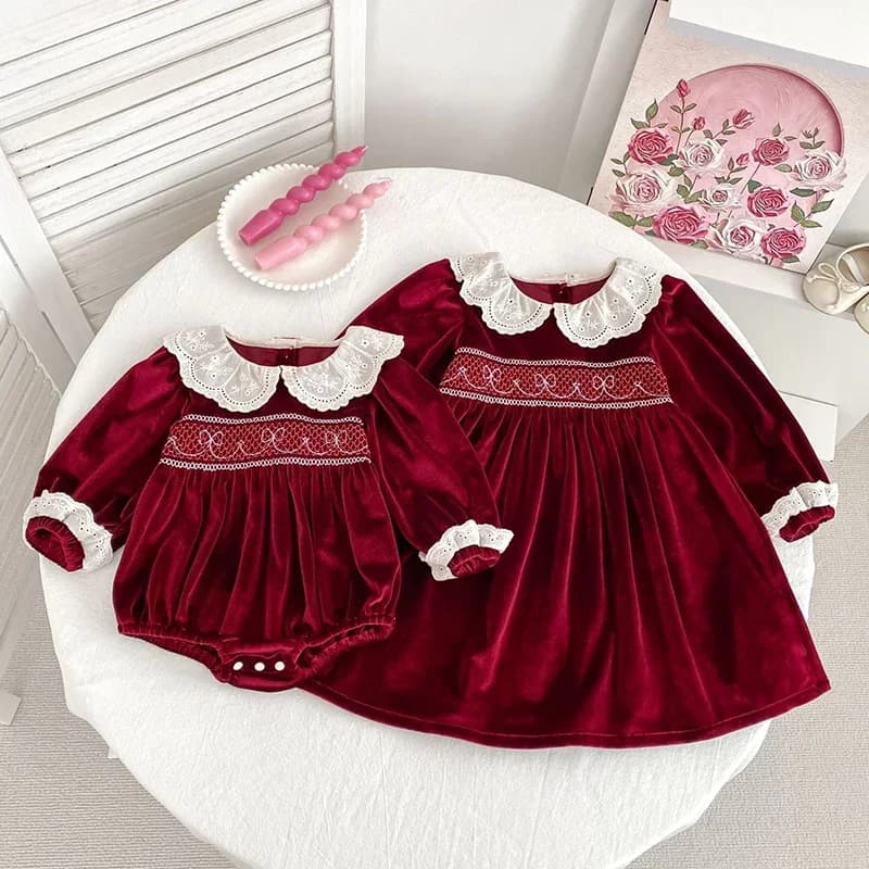 2025 Nuovo Autunno Stile Di Natale Vestiti Per Bambini 2-6Y Ragazza Vestito Da Partito A Maniche Lunghe In Pizzo Splice Bambini Vestito Da Principessa Del Bambino pagliaccetto