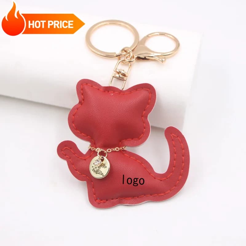 Keychain with custom leather logo with cute kitten, empty bag with lucky cat, laser engraving, car pendant, custom gifts with luggage pendant