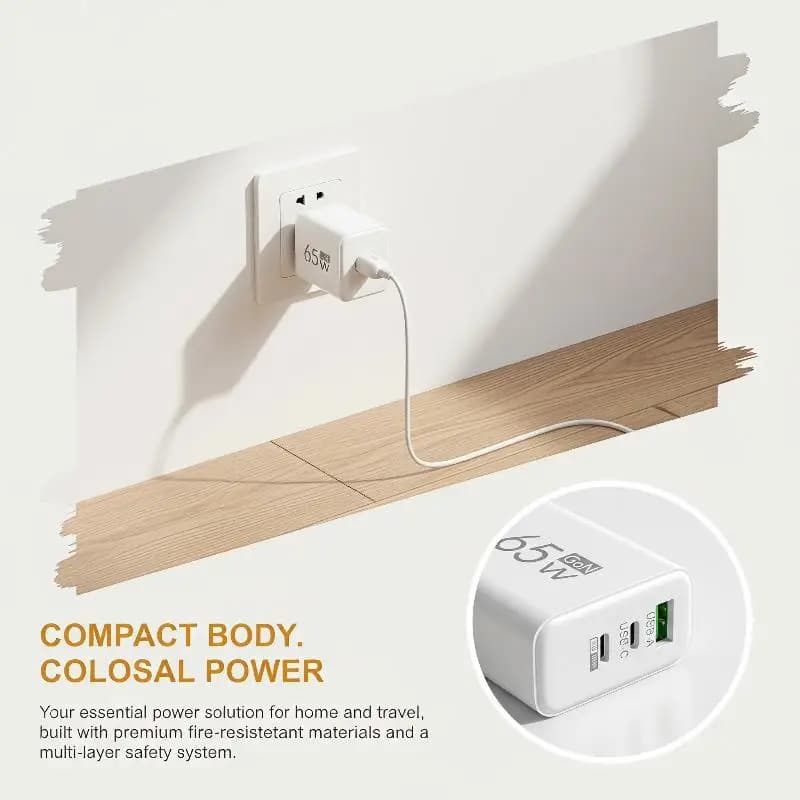 1Pcs 65W GaN USB Charger 3 Ports PD Type C Fast Charging EU/US/KR Plug Travel Wall Adapter Quick Charge USB C Charger Power