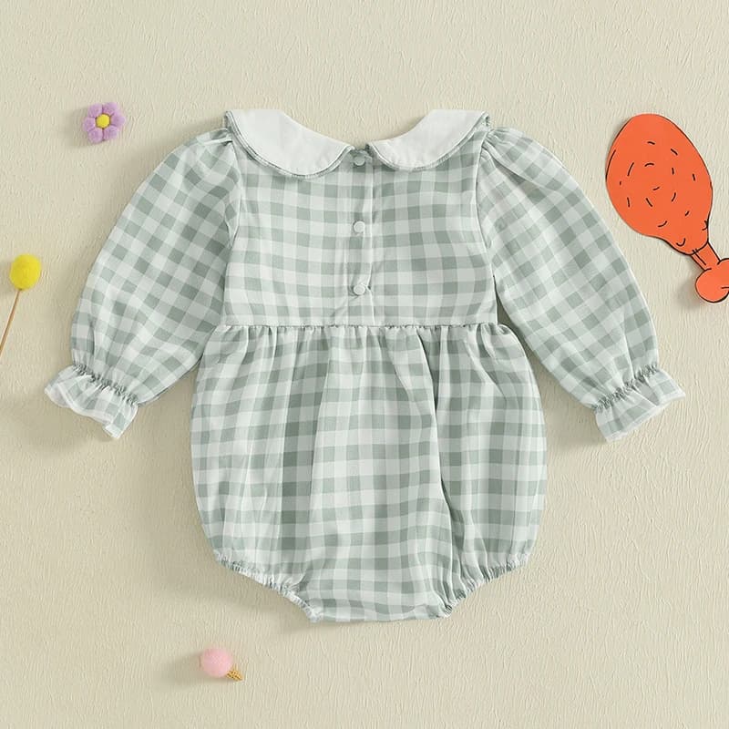 Pagliaccetto a maniche lunghe ricamato in Turchia del Ringraziamento con colletto per bambola per neonate - Adorabile body smock per neonati