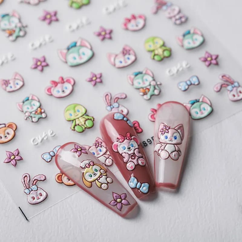 Disney Cartoon Lina Belle Daffy Bear 5D adesivi per unghie in rilievo topolino Lilo e Stitch Nail Art forniture decalcomanie per unghie