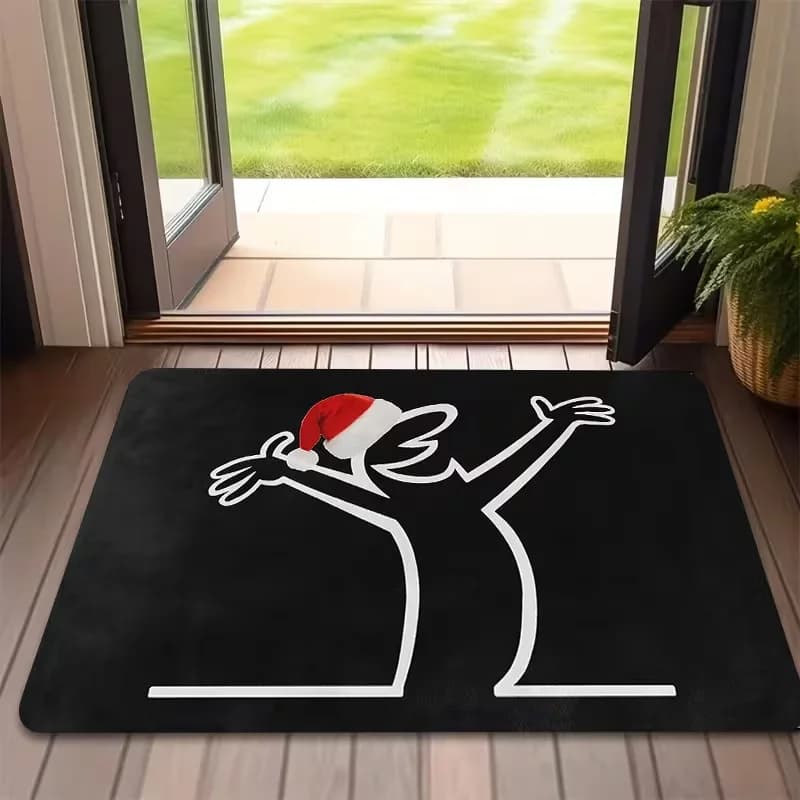 Christmas peat with figure of black Santa Claus with white contour and red hat Modern carpet for festive decorations for the entrance of the holiday home